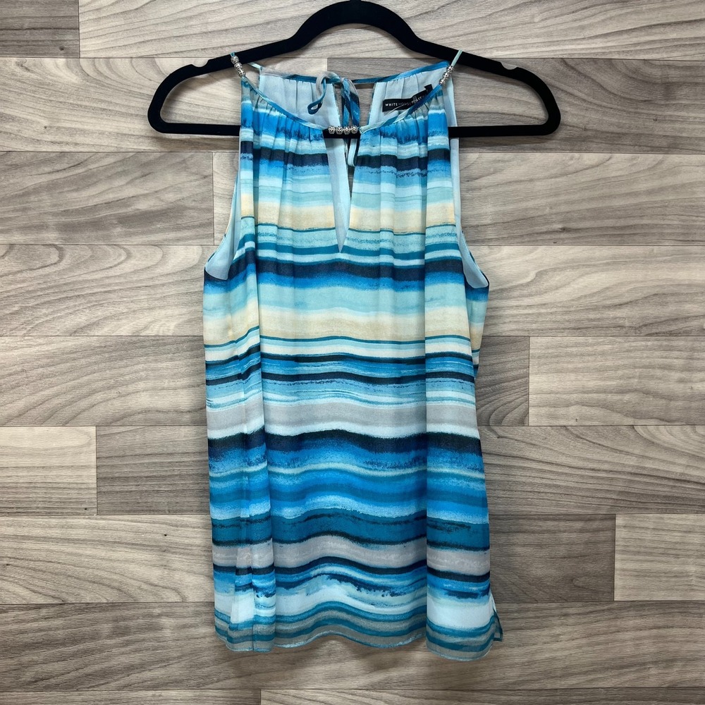 White House Black Market Tank Top Women's S Blue Striped Sleeveless Keyhole Neck